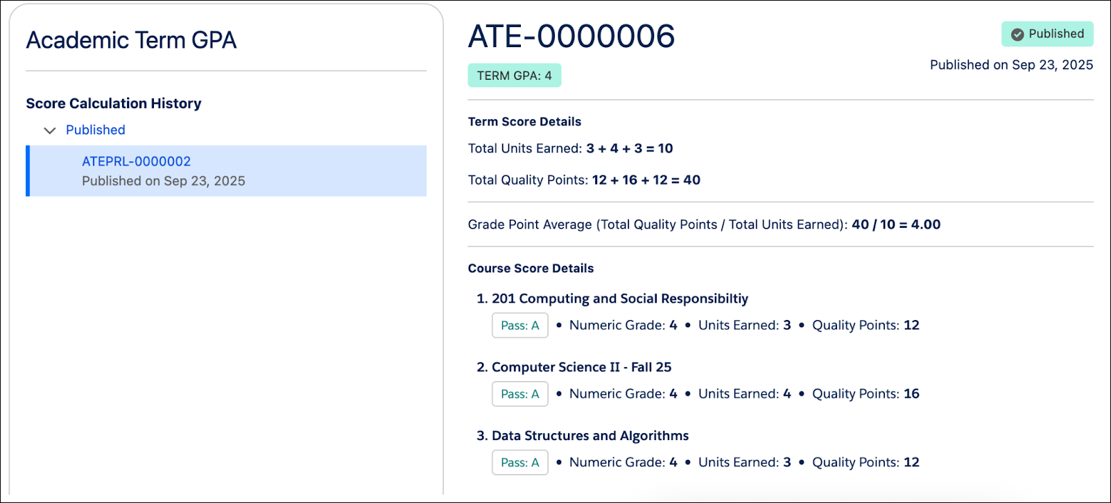 An academic score report.