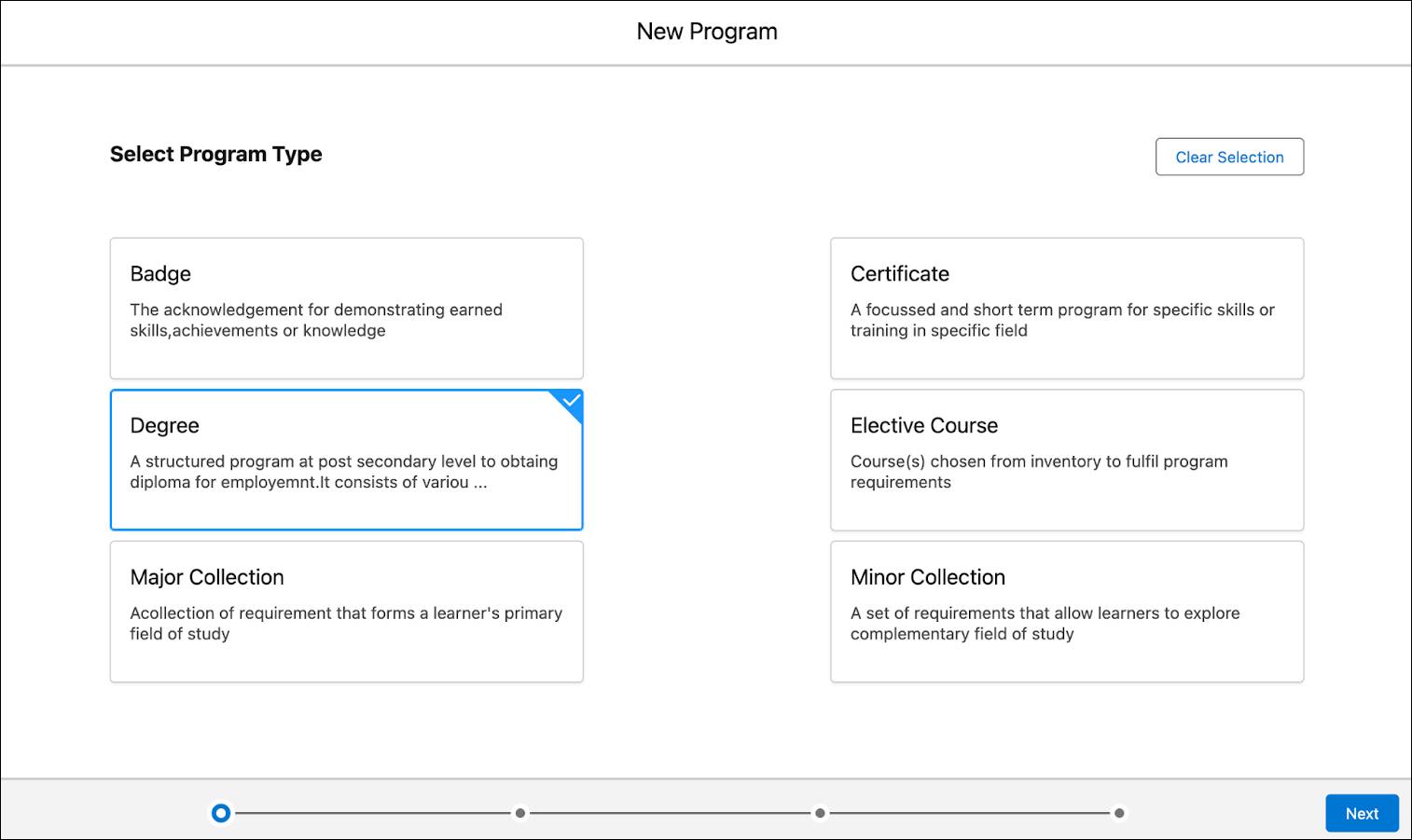 The Learning Wizard with Degree Program type selected.