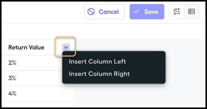 Dropdown in column header showing options to insert a column.