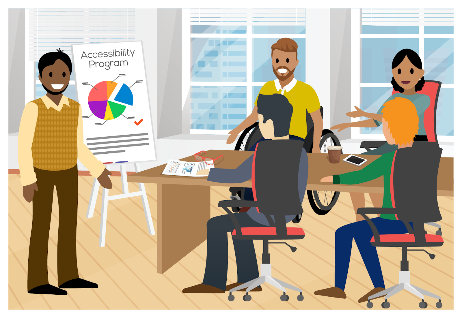 Eine Gruppe von fünf Personen mit einem Referenten, der vor einem Whiteboard mit der Aufschrift 'Accessibility Program' spricht.