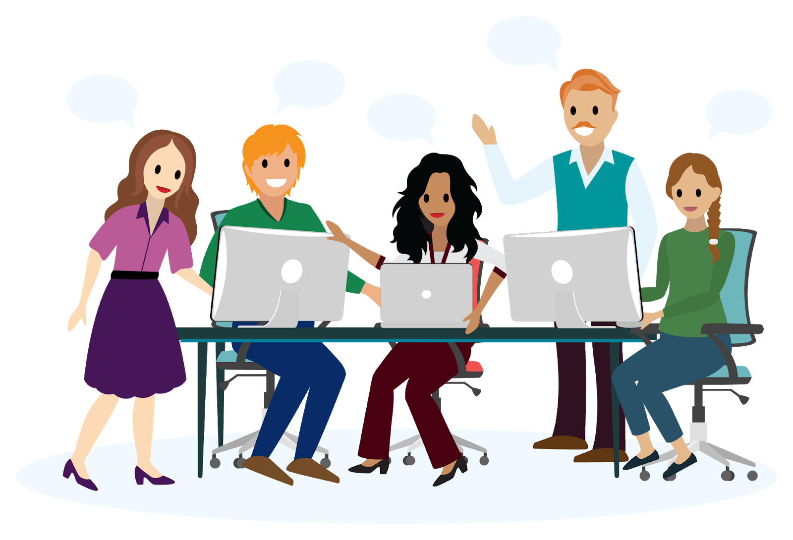 Groupe de cinq personnes ayant une discussion dynamique autour de plusieurs ordinateurs.