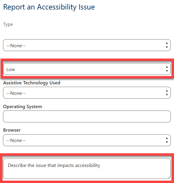 The Report an Accessibility Issue screen with a default value but no label.