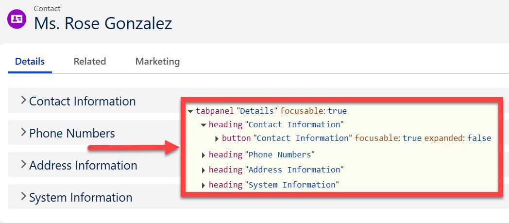 The accessibility tree now shows a heading element for each section on the contact record’s Details tab.