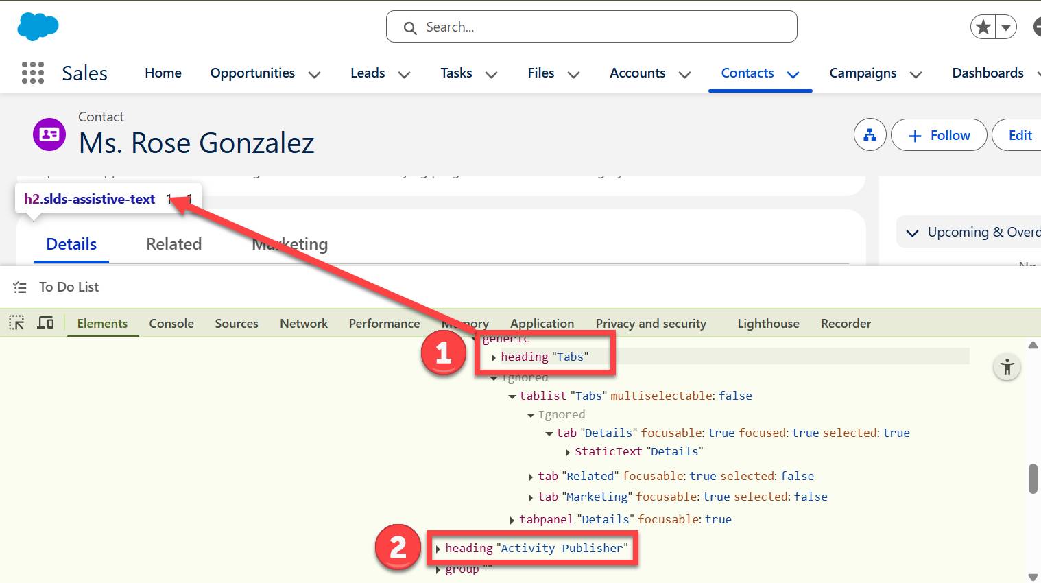 The accessibility tree view shows the “Tabs” and “Activity Publisher” headings as described in the surrounding text.
