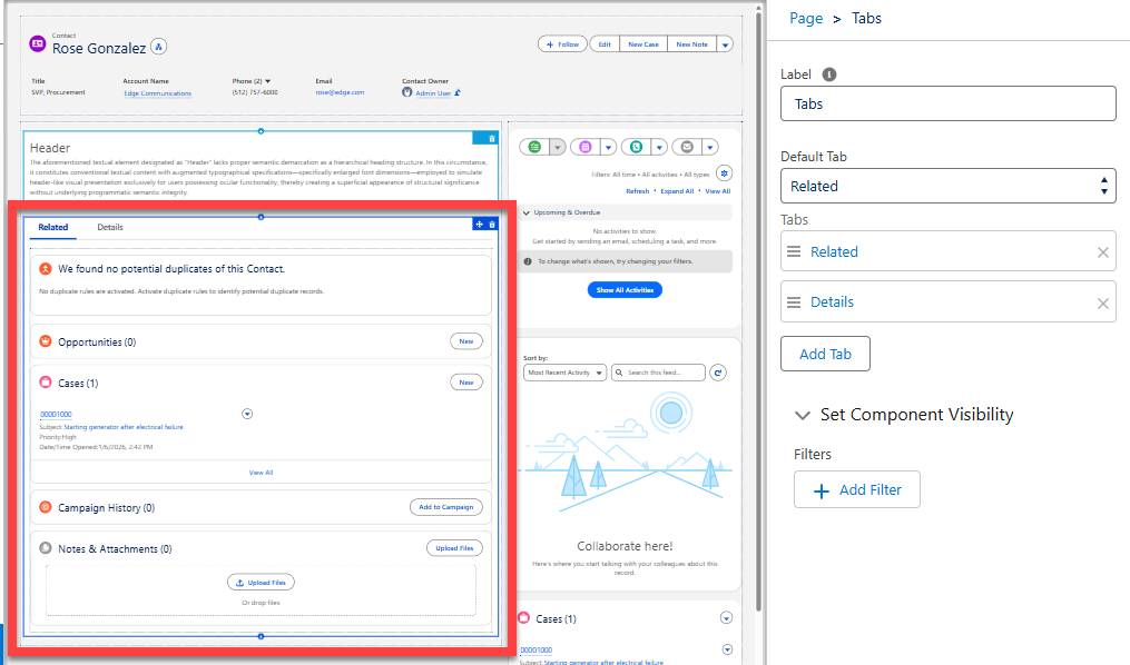 On the Contact Record page in the Lightning App Builder, the tabs component has 2 tabs: Related and Details