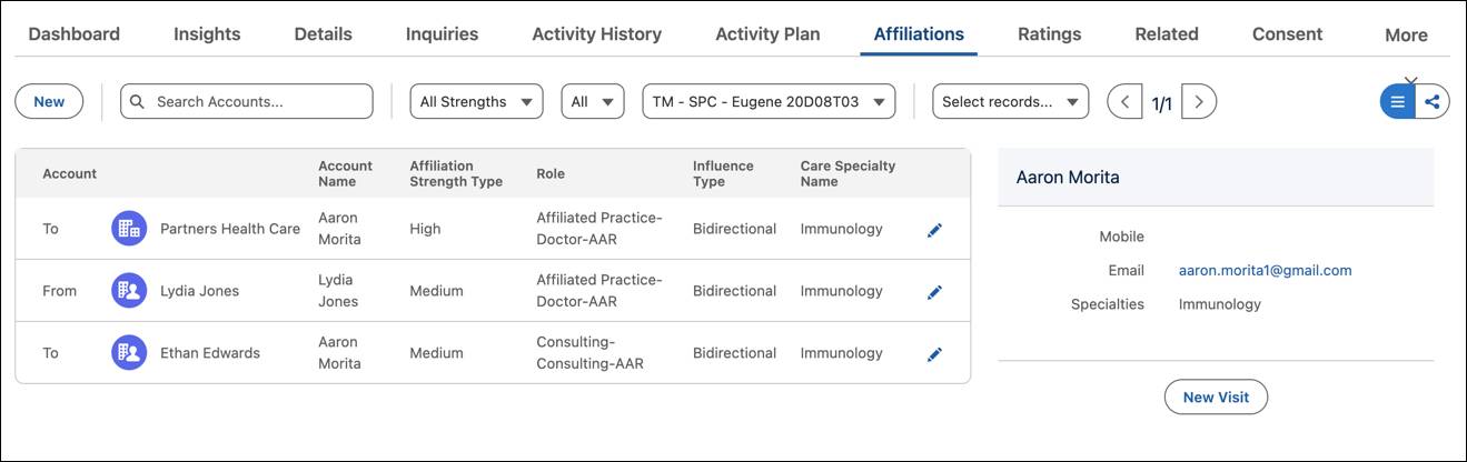 Affiliations tab for Aaron Morita.
