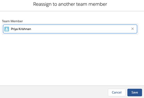 The Reassign to another team member popup allows you to search and select a team member to whom you can transfer an existing target assignment.