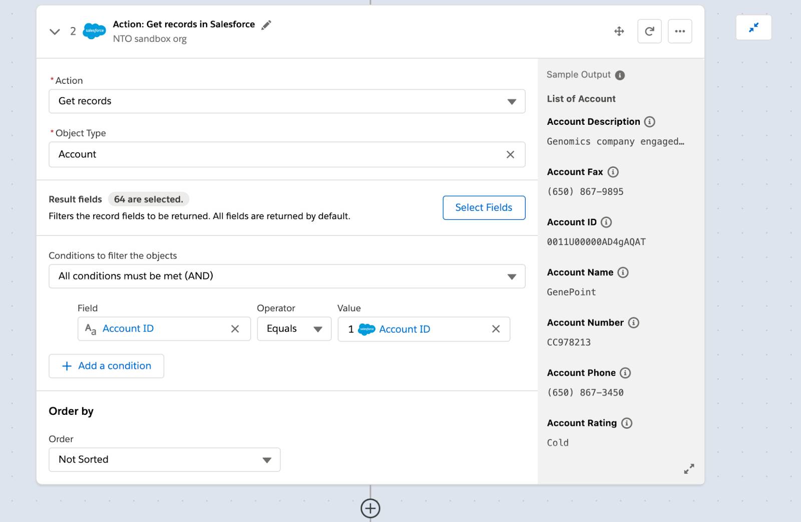 Step 2 of flow to get all accounts with condition that account ID in NTO org must match account ID of the account in step 1 of flow.