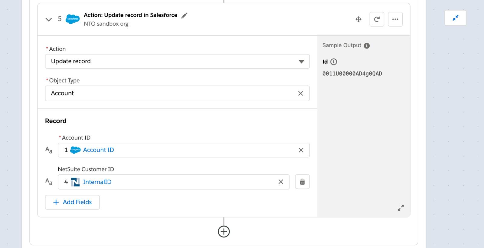NetSuite の顧客の内部 ID を使用して取引先を更新するフローのステップ 5。