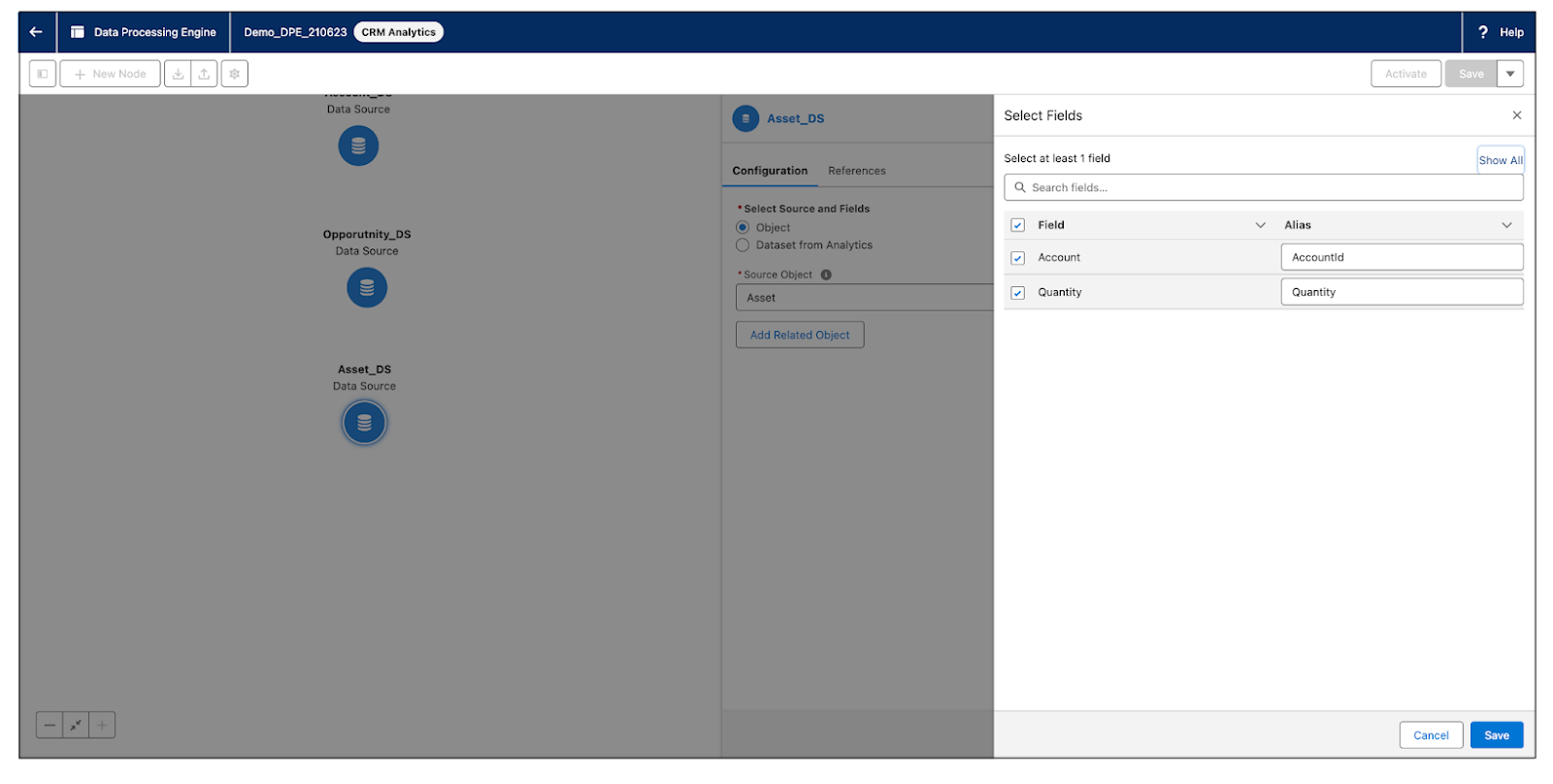 [Account (取引先)]、[Opportunity (商談)]、[Asset (資産)] オブジェクトが表示された [Data Processing Engine (データ処理エンジン)] ウィンドウ。