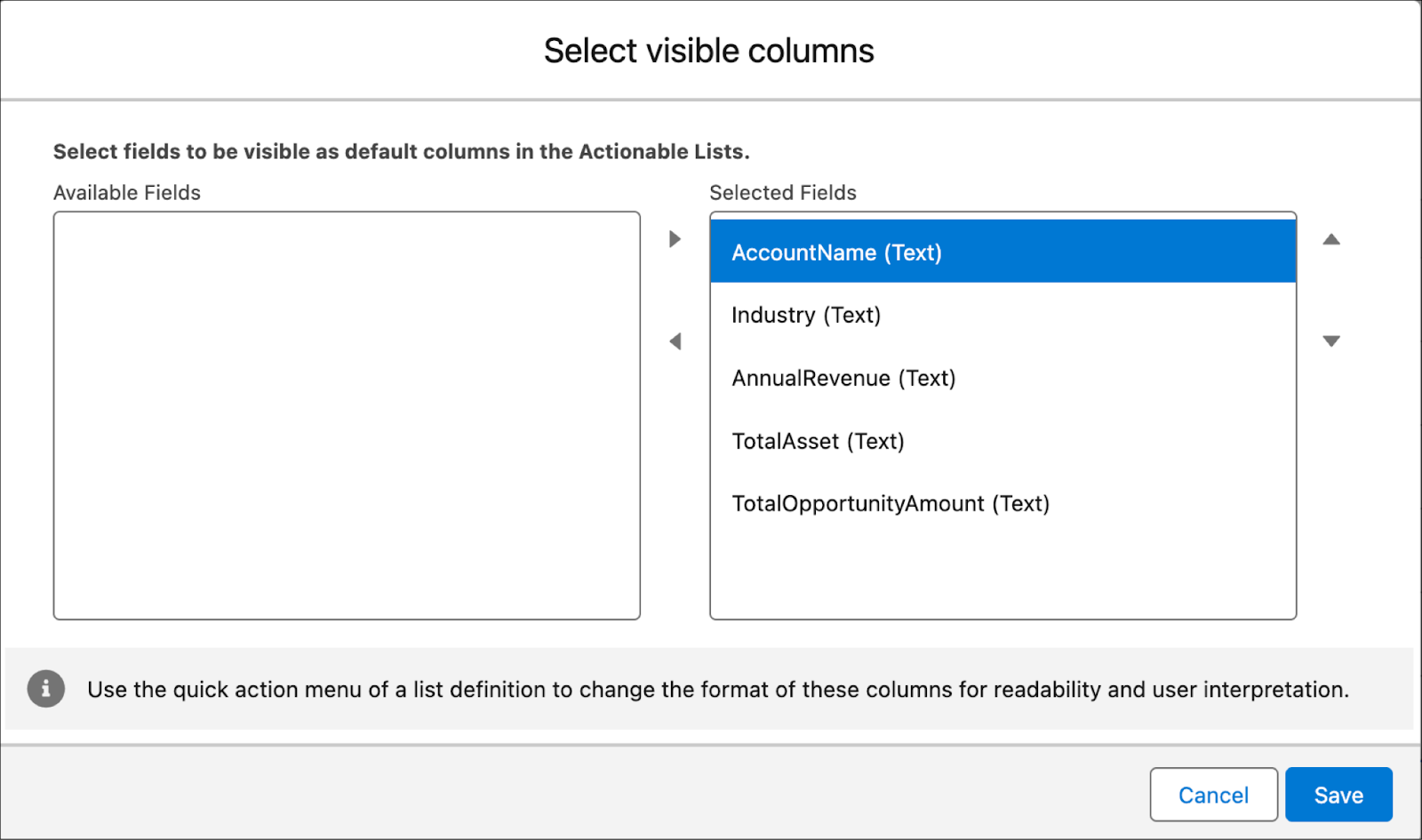 [Select visible columns (参照可能列の選択)] ウィンドウに表示された選択済み項目。