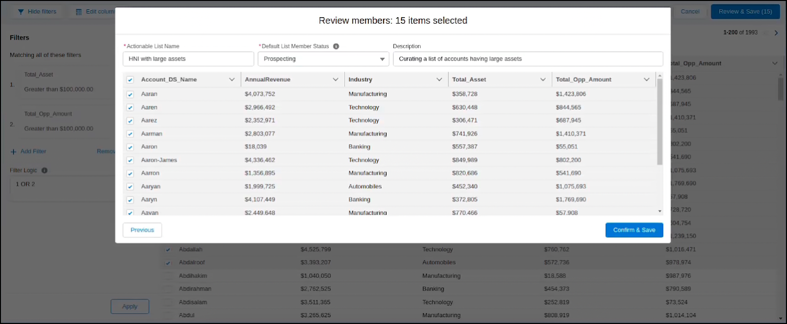 [Actionable List Name (アクション可能リスト名)]、[Default List member Status (リストメンバーのデフォルトの状況)]、および [Description (説明)] 項目が入力され、抽出されたレコード。