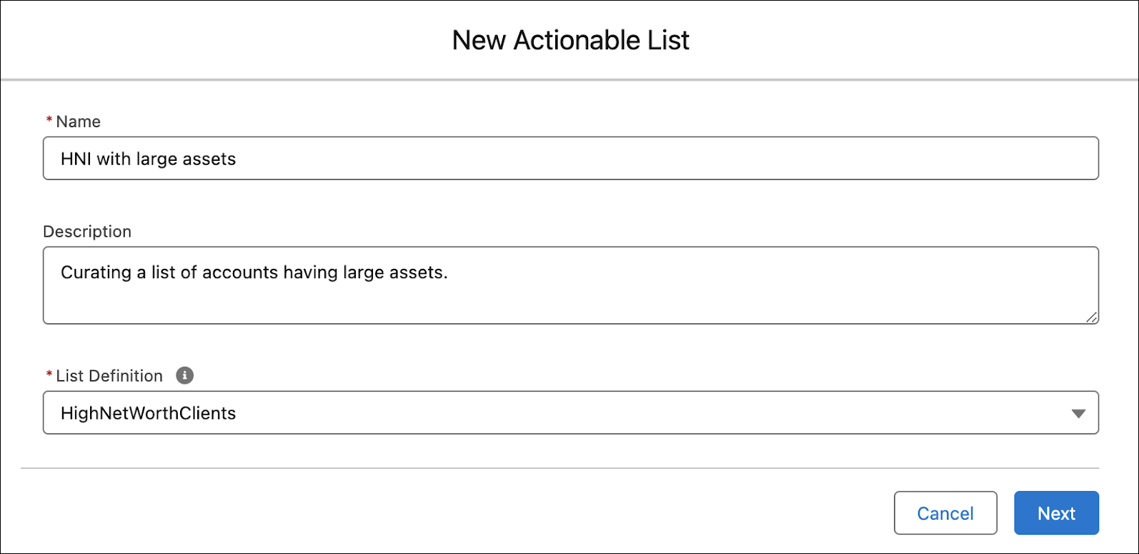 [Name (名前)]、[Description (説明)]、および [List Definition (リスト定義)] 項目が入力された [New Actionable List (新規アクション可能リスト)] ウィンドウ。