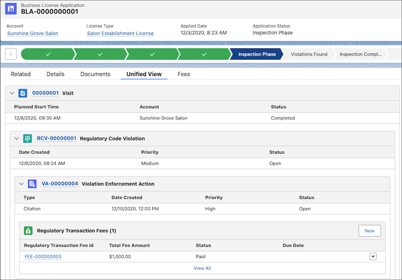 Unified View tab of a business license application.