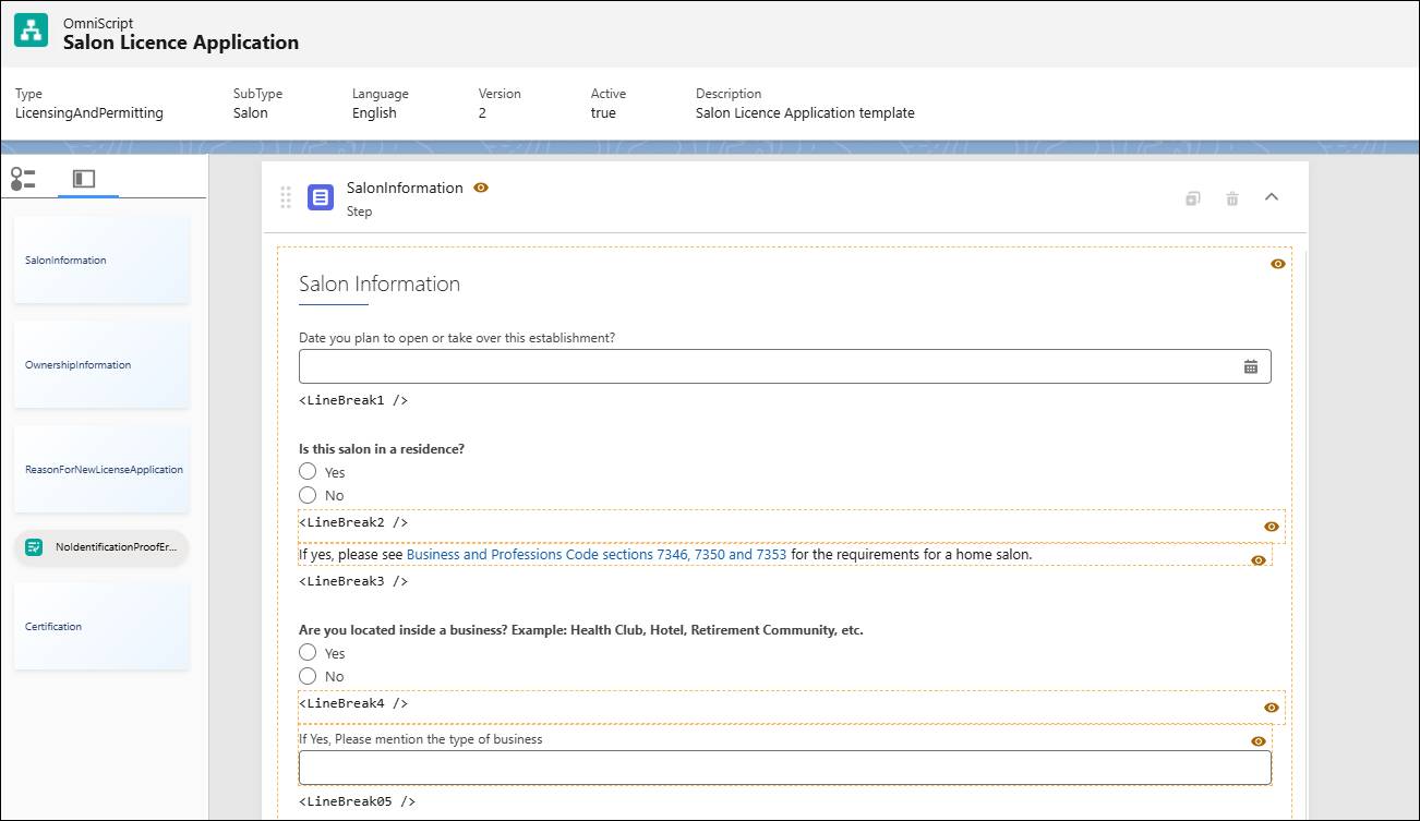 Salon License Application template Omniscript.