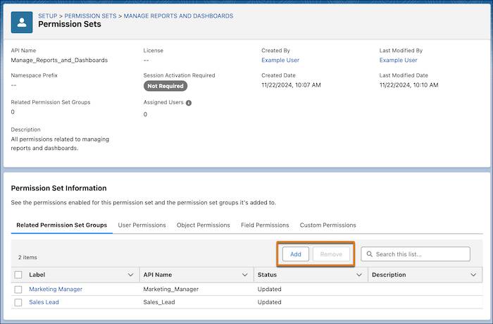 追加ボタンと削除ボタンが強調表示されている [Permission Sets (権限セット)] の概要ページ。