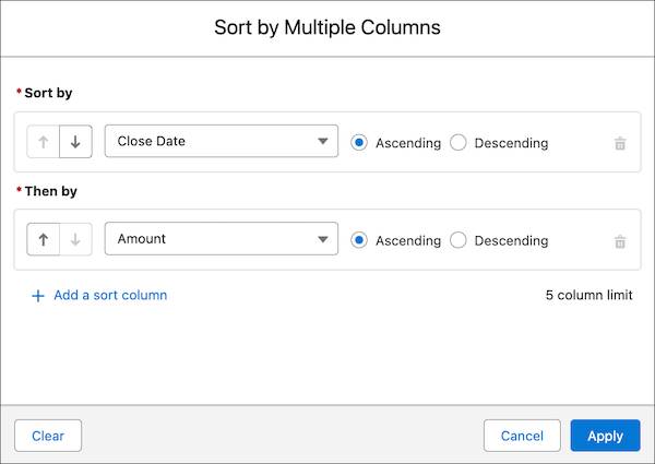 [Close Date (完了予定日)] と [Amount (金額)] で設定されている [Sort by Multiple Columns (複数の列での並び替え)]。
