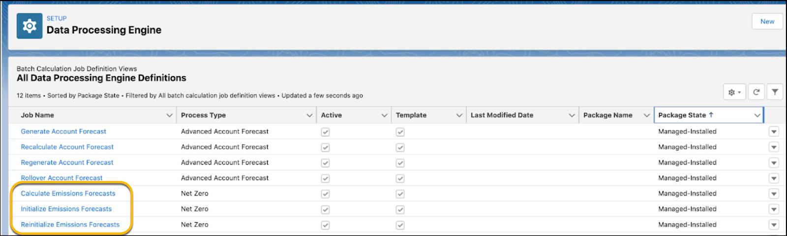 Agentforce Net Zero-specific job templates on the Data Processing Engine Definitions page.