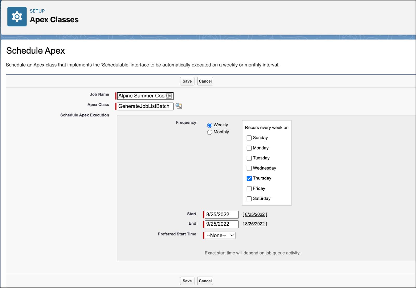 The Schedule Apex page showing the options to schedule a batch process to generate a job list.