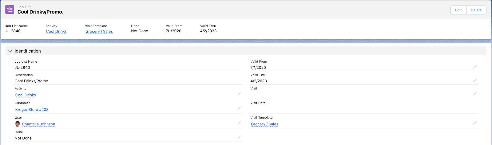 ジョブリストの詳細が表示されている [Job Lists (ジョブリスト)] レコードページ。
