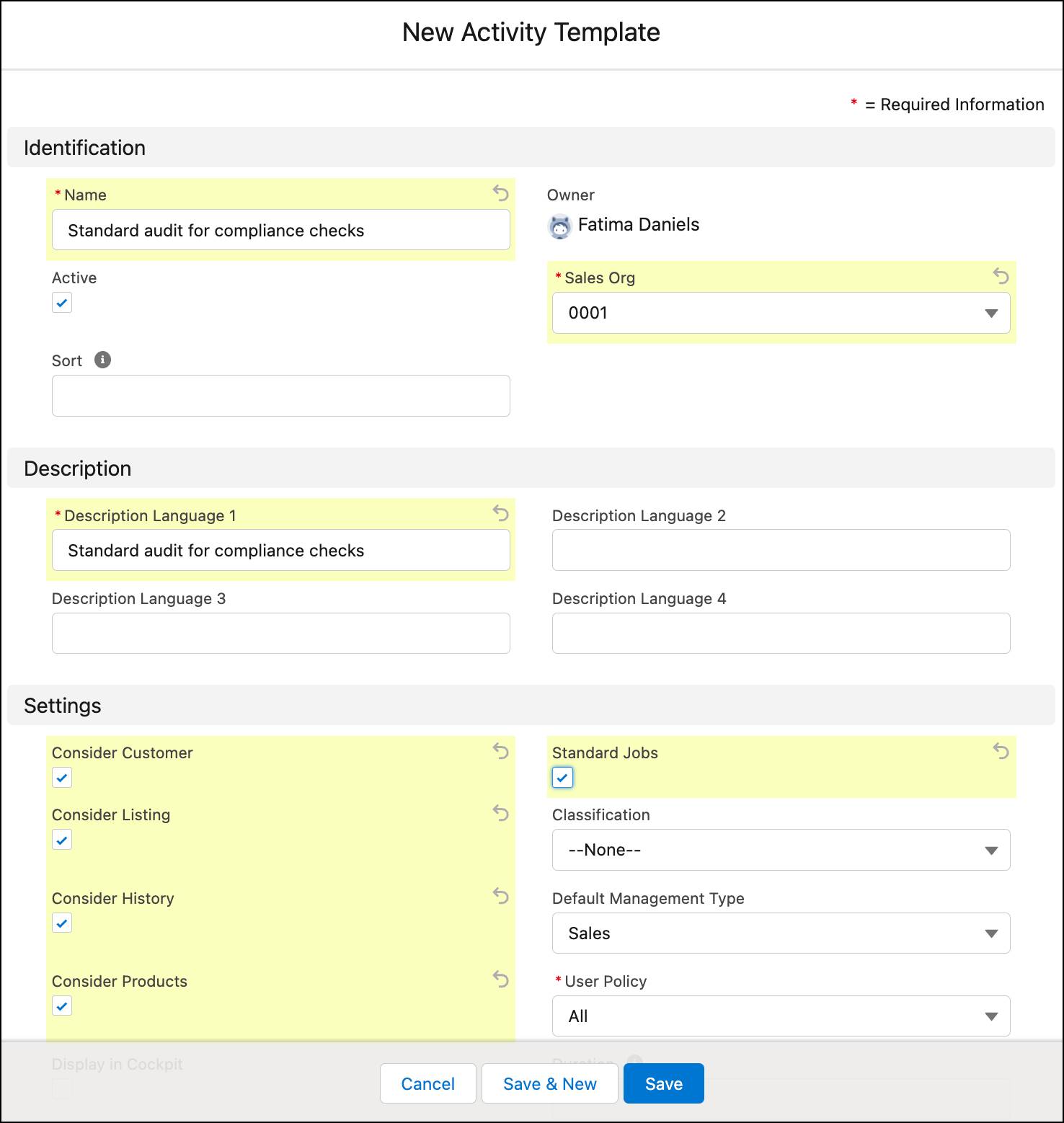 活動テンプレートを作成するためのオプションが表示されている [New Activity Template (新規活動テンプレート)] ウィンドウ。