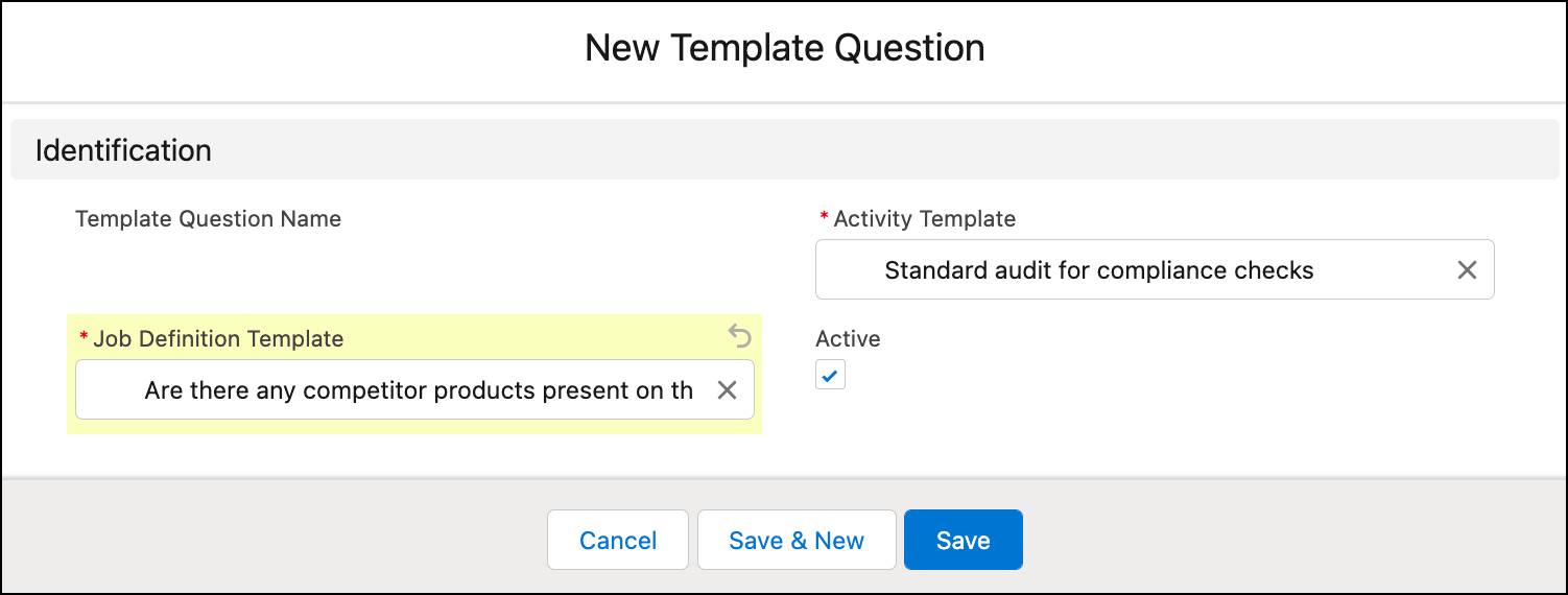 活動テンプレートに調査種別のテンプレート質問を追加するためのオプションが表示されている [New Template Question (新規テンプレートの質問)] ウィンドウ。