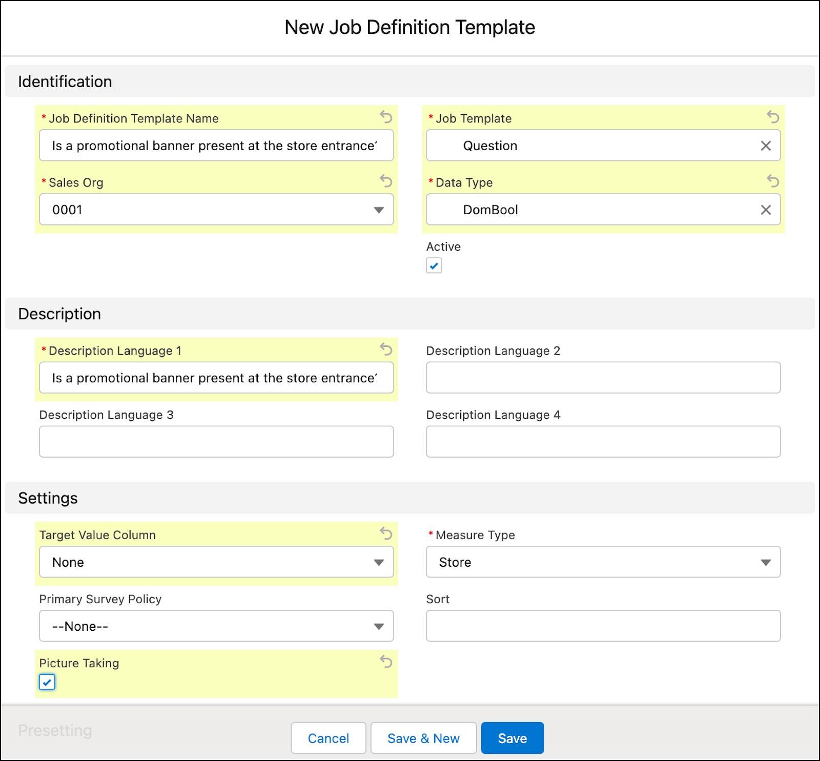 質問用のジョブ定義テンプレートを作成するためのオプションが表示されている [New Job Definition Template (新規ジョブ定義テンプレート)] ウィンドウ。