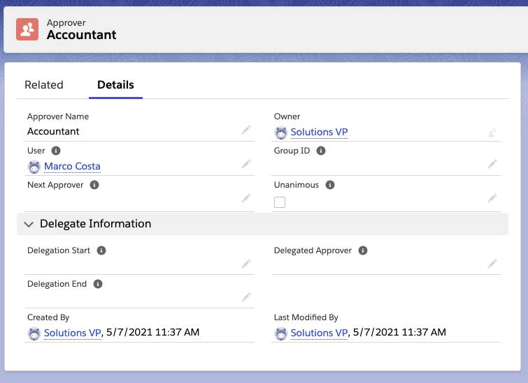 A sample approver record.
