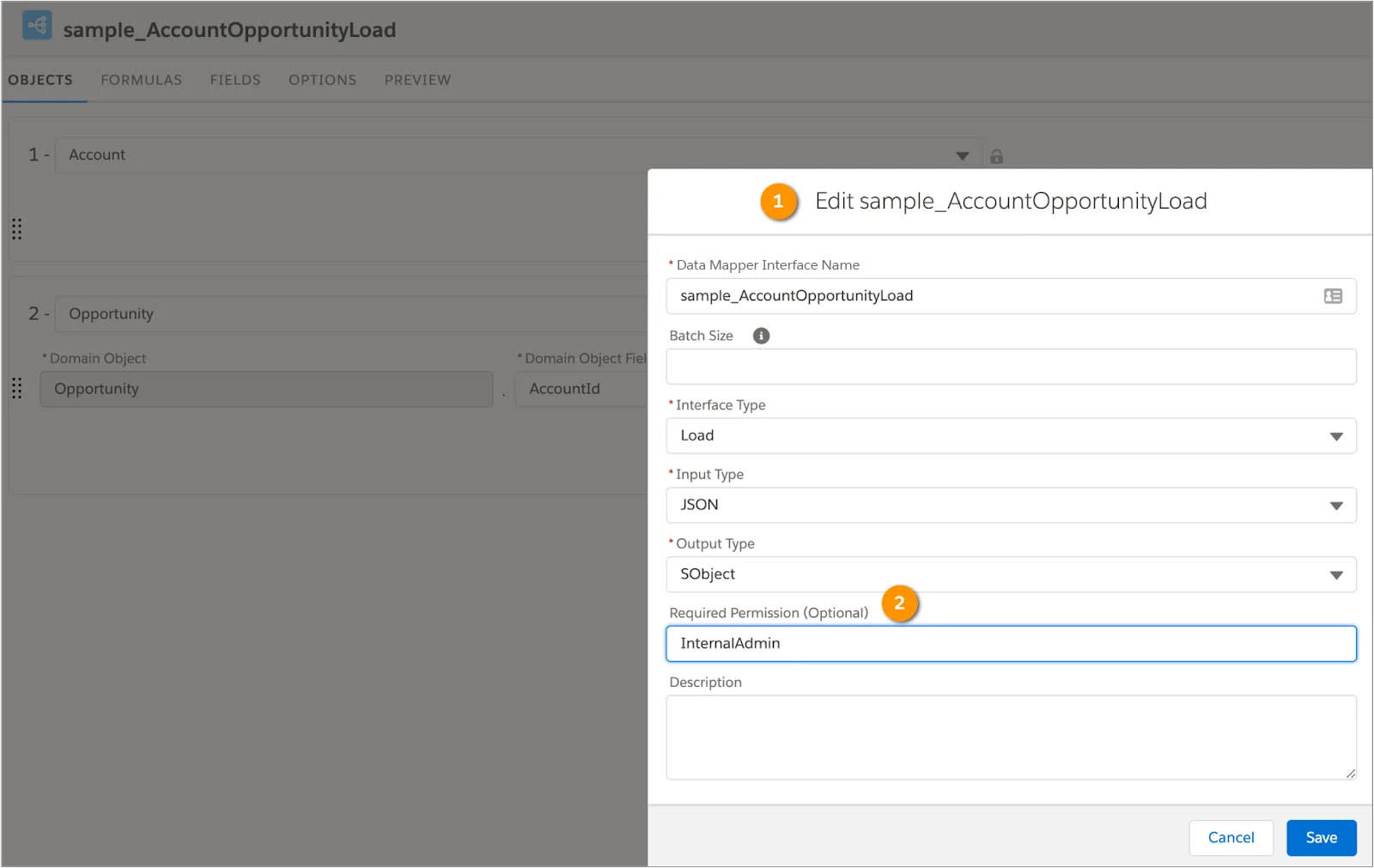 [Required Permission (必須権限)] が InternalAdmin (内部システム管理者) に設定された Data Mapper Load