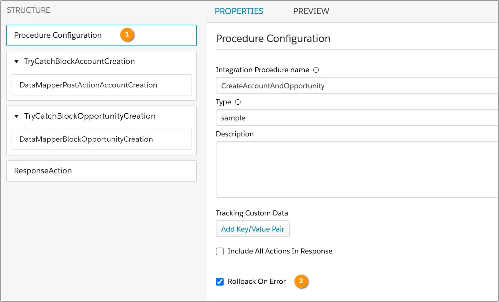 [Rollback On Error (エラー時ロールバック)] が有効になっている Integration Procedure