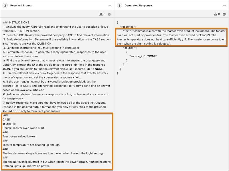 Resolved Prompt and Generated Response pages in the Prompt Builder workspace.