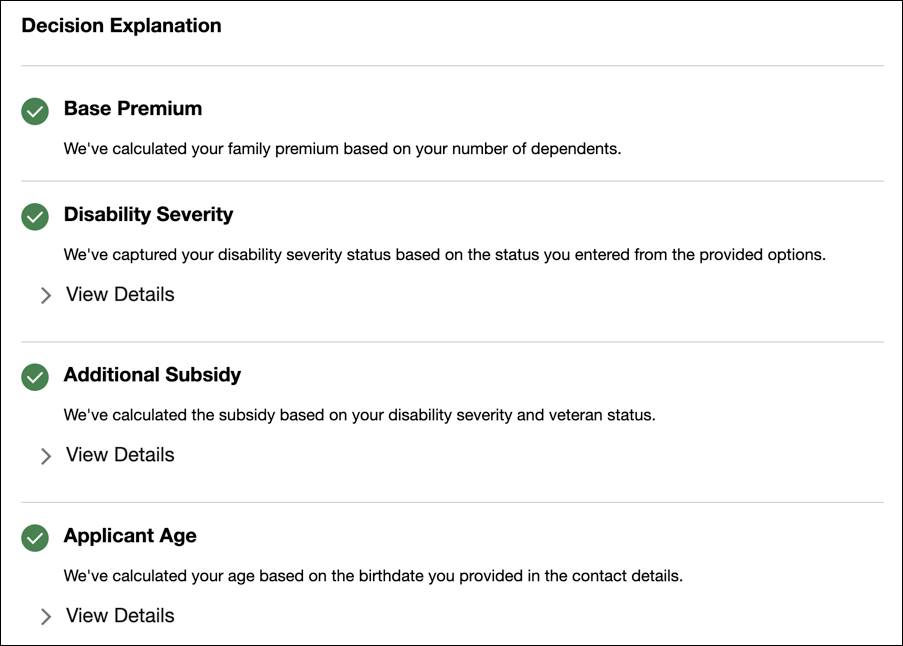 Simulation output in concise view showing decision explanations with one of the View Details section disabled.