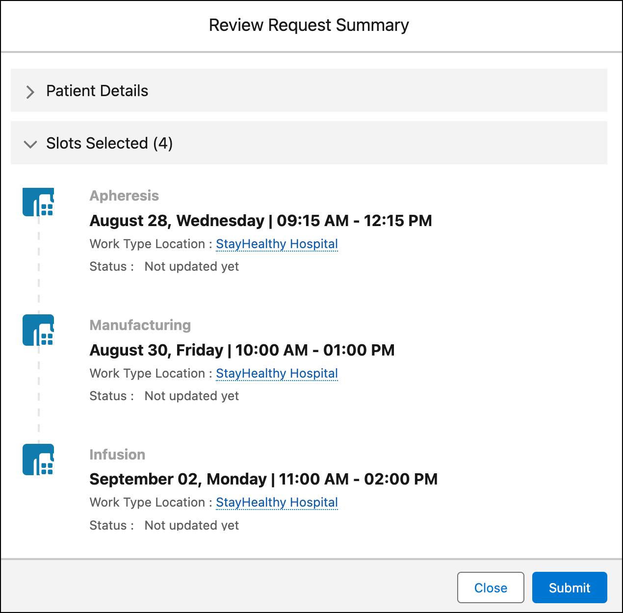 The Review Request Summary window showing the details of the patient and the selected slots.