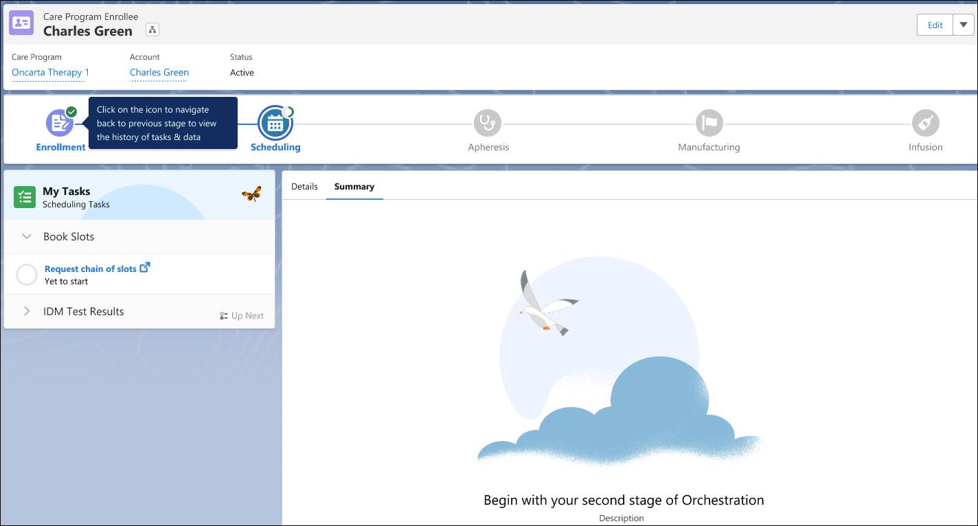 Charles's care program enrollee record at the scheduling stage, showing new steps and tasks in the task pane.