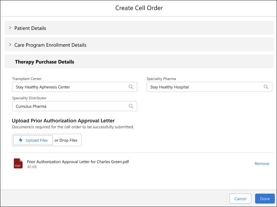 The Create Cell Order window with fields filled in for Charles’s therapy order.