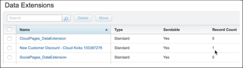Für die Lead-Erfassung erstellte Data Extension mit einer Datensatzanzahl von 1
