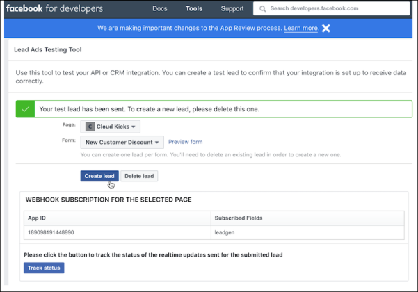 Prueba del formulario de captura de prospectos con el cursor de Facebook en Crear prospecto