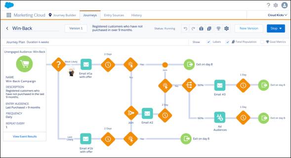 Win-back journey map with paths for unengaged subscribers ending with an Ad Audience split
