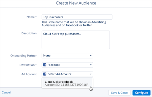Création d’une audience nommée Meilleurs acheteurs constituée des meilleurs acheteurs de Cloud Kicks