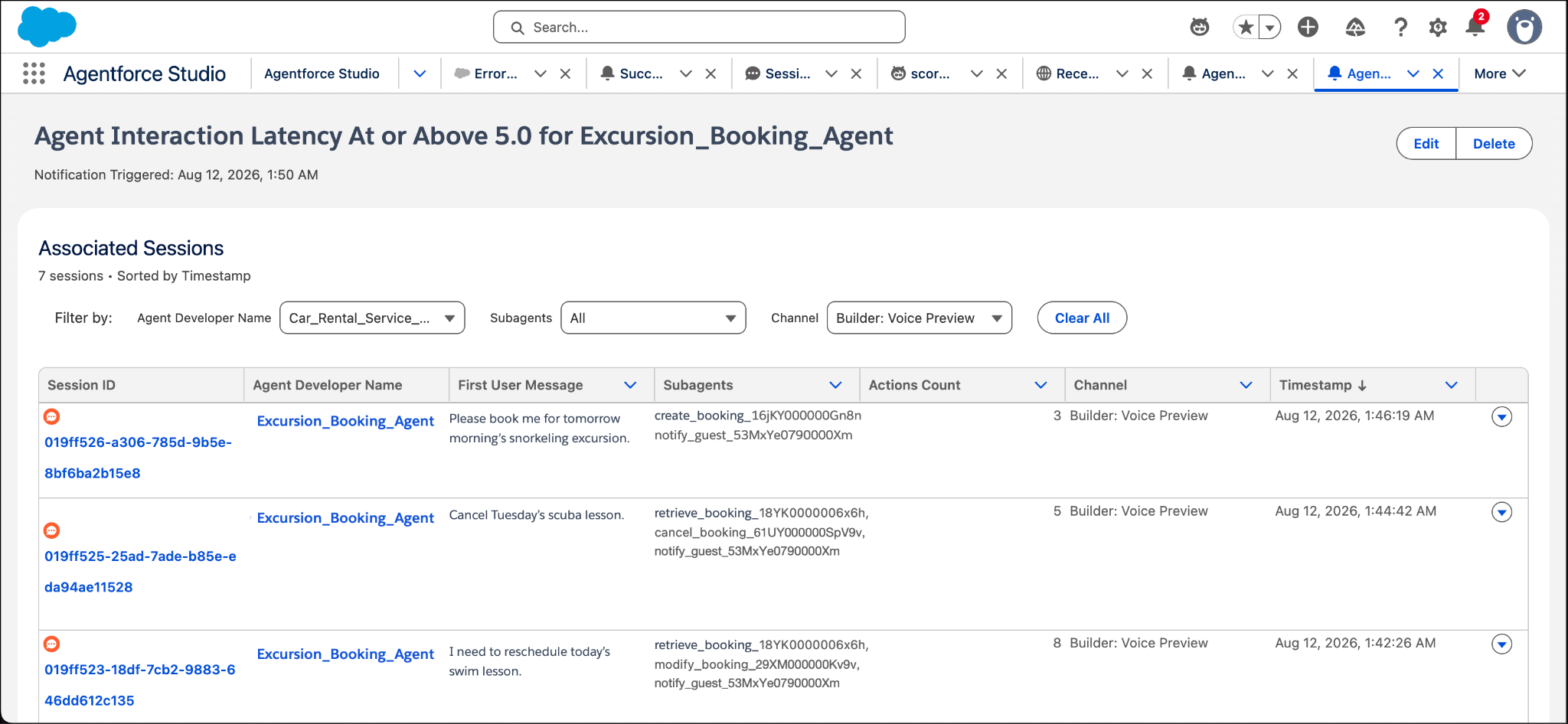 Selected notification that shows a list of sessions associated with the notification condition.