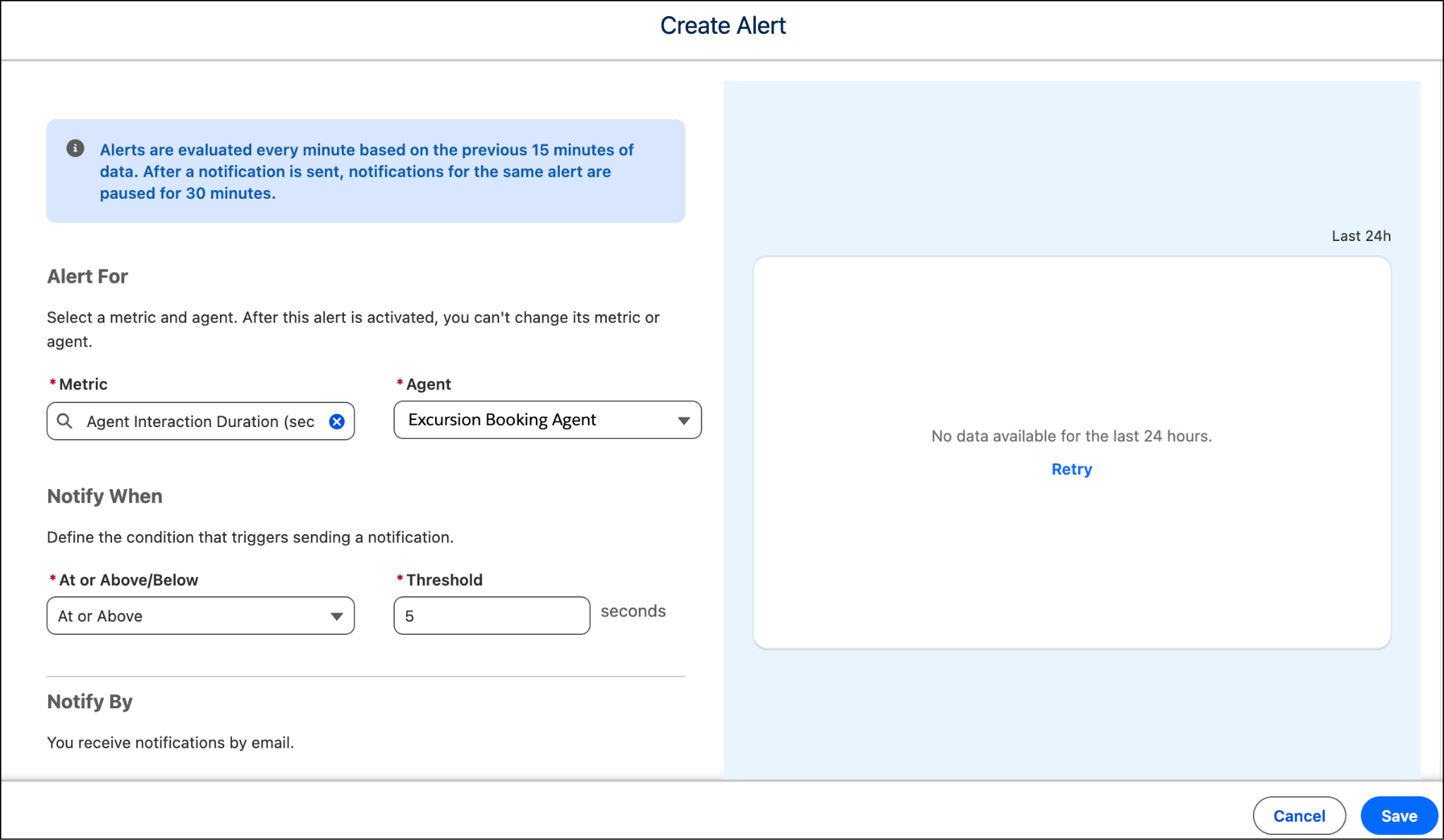 Create Alert modal with selections for metric, agent, condition operator, and threshold value.