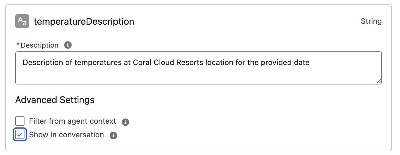 temperatureDescription with Show in conversation checked.