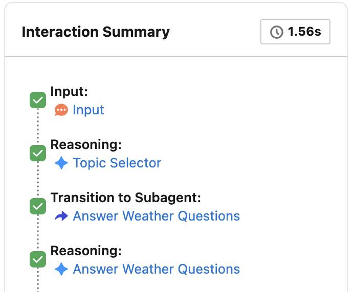 Pasos de Agentforce Builder que muestran Input (Entrada), Reasoning (Razonamiento), Transition to Subagent (Transición al subagente) al subagente Answer_Weather_Questions y, a continuación, Reasoning Answer Weather Questions (Respuesta razonada a las preguntas sobre la previsión meteorológica).