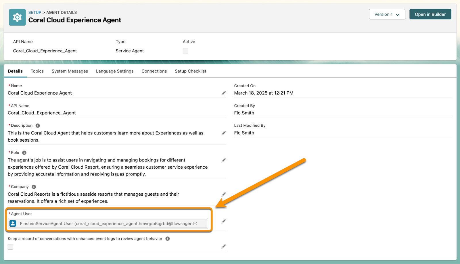O usuário do agente para Coral Cloud Experience Agent (Agente da Coral Cloud no Experience Cloud) é EinsteinServiceAgent User (Usuário EinsteinServiceAgent).