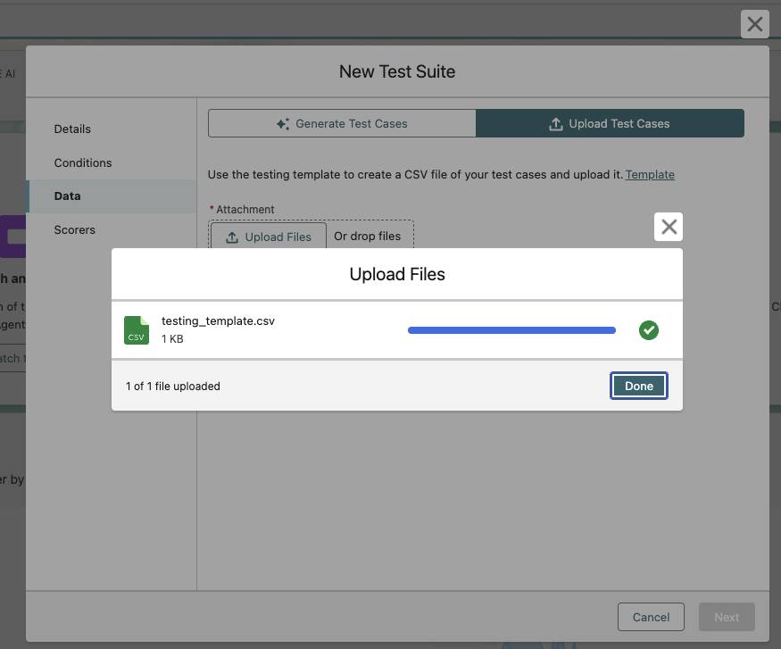 Screen shot of Upload Files window with testing_template.csv file uploaded successfully.