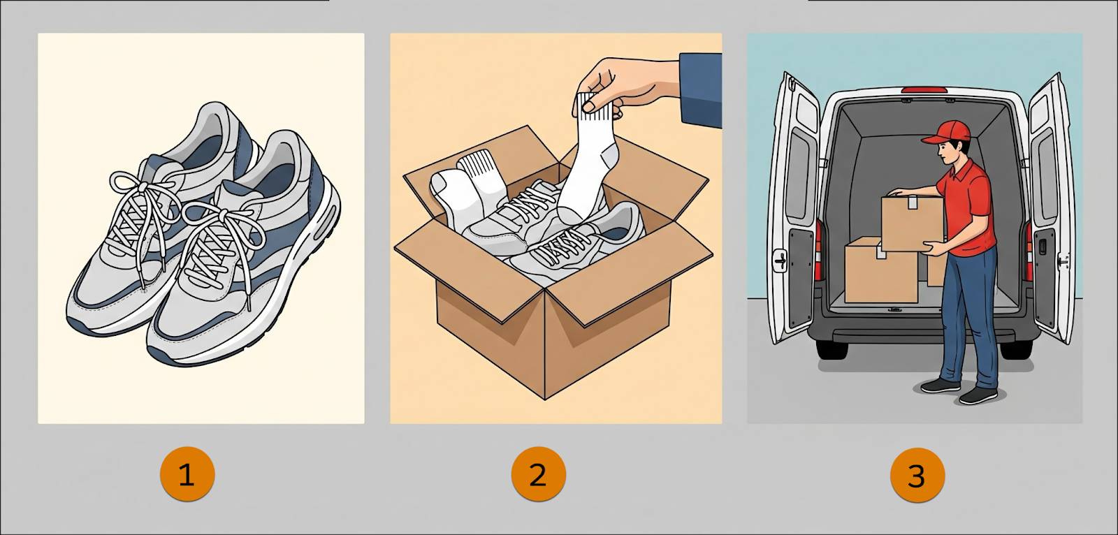 A pair of shoes, a box filled with the shoes and socks, and the box loaded on a delivery van representing product, order, and shipping promotions.