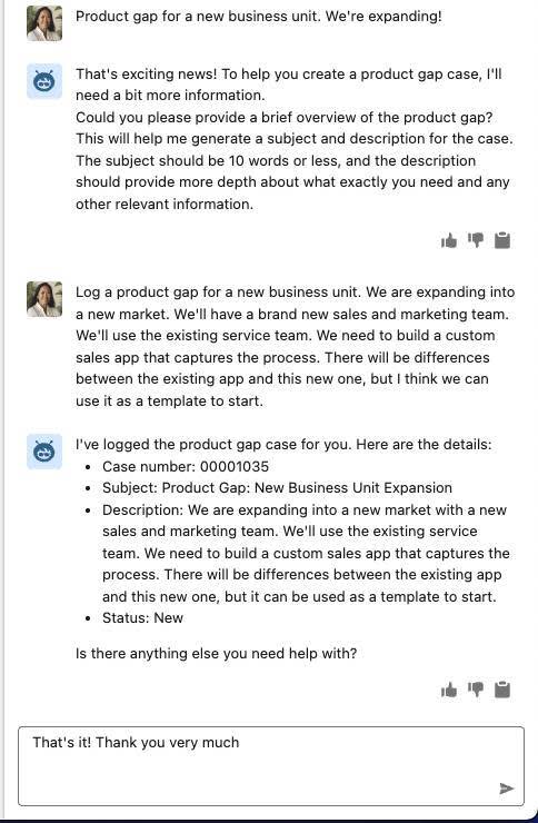 与管理员的对话预览：管理员要求为新业务部门和应用程序设定产品缺口——管理员详细说明了她希望记录产品缺口，并说明新应用程序如何能以现有应用程序为模板进行开发；此外，智能体通过记录一个个案并向她提供个案详细信息做出响应。