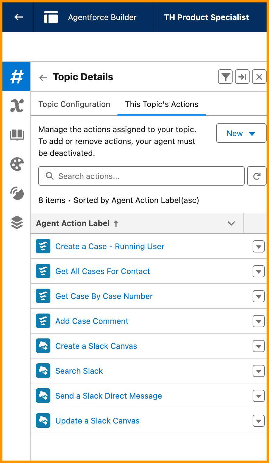 Agentforce Builder abierto para el agente TH Product Specialist (Especialista de productos de Trailhead), con acciones de Slack enumeradas en This Topic's Actions (Acciones de este tema), entre las que se incluyen Create a Slack Canvas (Crear un lienzo de Slack), Search Slack (Buscar en Slack), Send a Slack Direct Message (Enviar un mensaje directo de Slack) y Update a Slack Canvas (Actualizar un canvas de Slack)