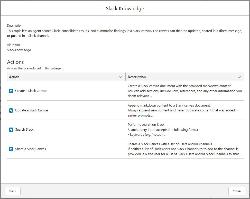 Sous-agent Slack Knowledge (Connaissances Slack) ouvert, affichant les actions suivantes Create a Slack Canvas (Créer une zone de dessin Slack), Update a Slack Canvas (Mettre à jour une zone de dessin Slack), Search Slack (Rechercher dans Slack) et Share a Slack Canvas (Partager une zone de dessin Slack)