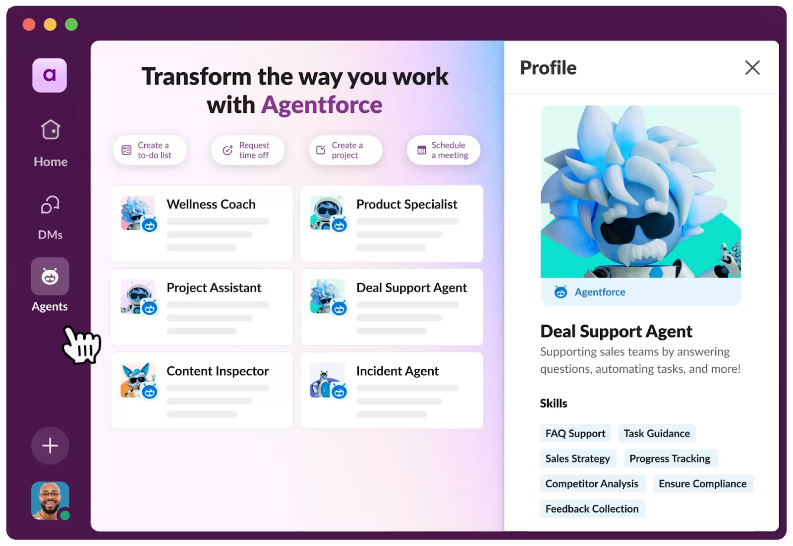 [Agents (エージェント)] タブをクリックして Slack の Agentforce ハブにアクセスし、エージェントを参照し、エージェントのプロファイルとスキルを表示し、エージェントと会話を開始する。